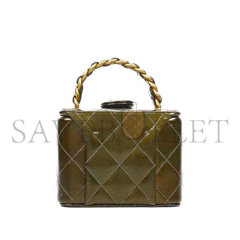 Ch**el mini cc vanity case olive green iridescent quilted patent leather a2227 (11*9.5*8.5cm)